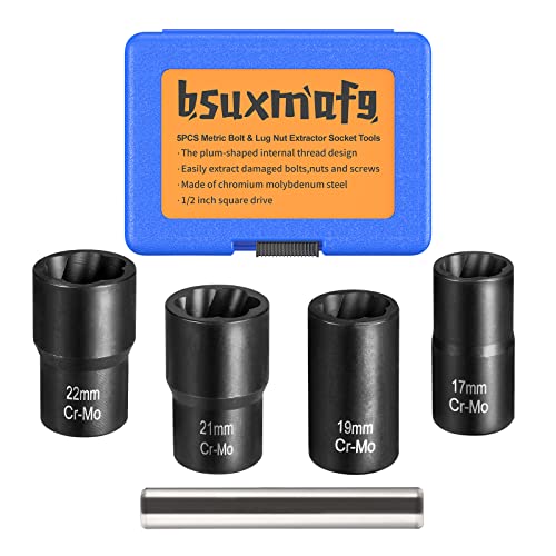 BSUXMAFG 5PCS Lug Nut Remover, 1/2-Inch Drive Bolt Nut Extractor Set, Easy Out Bolt Extractor Set for Damaged, Frozen, Studs, Rusted, Rounded-Off Bolts & Nuts Screws