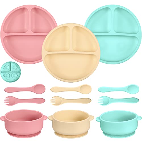 9 Pcs Silicone Baby Toddler Suction Plates Baby Bowls with Suction Toddler Bowls Set Kids Utensils Divided Plate Baby Boy Girl Feeding Set with Spoon Fork Dishwasher and Microwave Safe (Light Colors)
