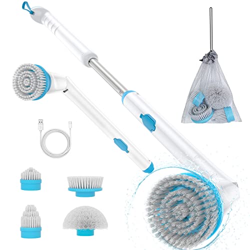 Oraimo Electric Spin Scrubber, Electric Shower Scrubber with Adjustable Angles, Cordless Bathroom Scrubber with 4 Replaceable Brushes, 2 Speeds for Bathroom Kitchen Bathtub Grout Sink Tile Wall Pool