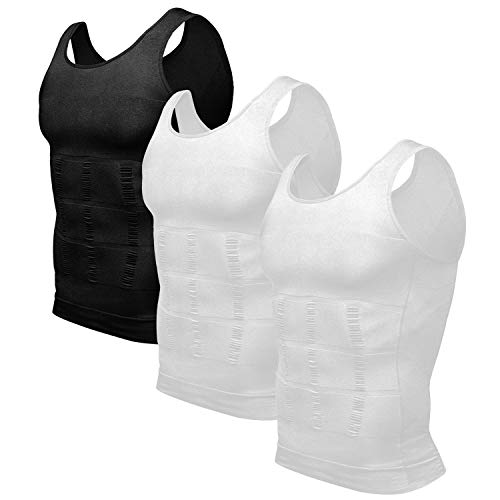 Odoland Men's 3 Pack Body Shaper Slimming Shirt Tummy Lose Weight Shirt, Black/White/White, M