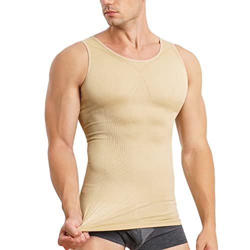 MOLUTAN Mens Compression Shirt Slimming Body Shaper Vest Sleeveless Waist Traner Workout Tank Top Tummy Control Shapewear (Beige, X-Large-XX-Large)