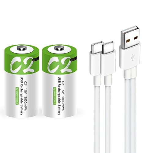 CAMELCELL C Batteries- 2 Pack Rechargeable C Batteries,5000mWh Lithium ion C Size Battery with 2 in 1 USB A to Type C Charger,1200 Cycle,Portable USB Rechargeable C Cell Batteries