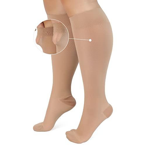 AKSO MEDICOS Sheer Cpmpression Socks Stockings, Plus Size Compression Socks (2XL-3XL) 20-30 mmHg Extra Wide Wide Calf Knee High Stockings for Improve Circulation Varicose Veins Swelling Edema,Beige