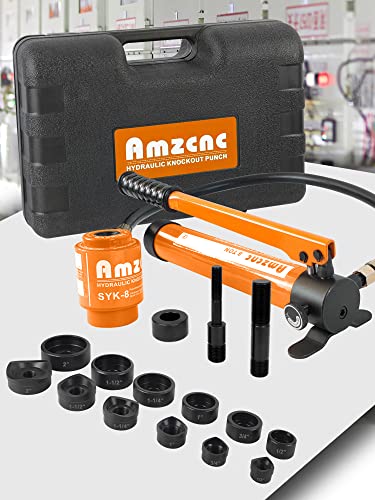 AMZCNC 8 Ton 1/2" to 2" Hydraulic Knockout Punch Driver Tool Kit Electrical Conduit Hole Cutter Set KO Tool Kit with 6 Dies Hole Complete Tool (Knockout Punches) (8T1/2"~2")