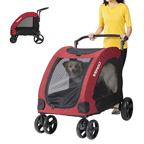 Vergo Dog Stroller Pet Jogger Wagon Foldable Cart with 4 Wheels, Adjustable Handle, Zipper Entry, Mesh Skylight Pet Stroller for Small to Large Dogs and Other Pet Travel (Red)