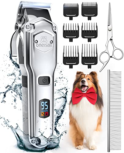oneisall Dog Clippers for Grooming for Thick Heavy Coats/Low Noise Dog Grooming Kit/Rechargeable Cordless Pet Shaver with Stainless Steel Blade/Waterproof Dog Shaver for Dogs Pets and Animals Sliver