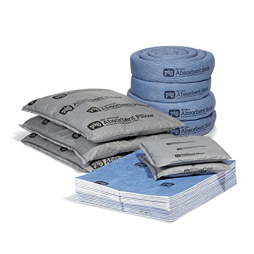 PIG Home Solutions Quick Response Home Water Absorbing Kit - (4) 3" x 10' Socks, (15) 15" x 19" Water Absorbing Pads, (3) 17" x 21" and (2) 10" x 10" Absorbent Pillows - Blue and Gray - PM50501