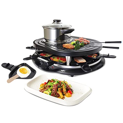 Total Chef 8 Person Raclette and Cheese Fondue Set with Granite Stone, Non-Stick Electric Indoor Grill, Tabletop Cooking, Accessories Included, Ideal for Holidays and Family Dinners, Black