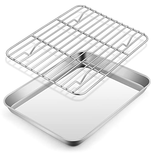 Metal Toaster Oven Tray Set, E-far 10.5x8.3 Small Stainless Steel Baking Pan with Wire Rack for Cooking Broiling, Rimmed Metal Sheet for Roasting Cooling Cookie Bacon Steak