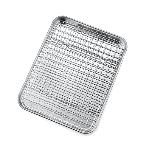 10.4 Inch Toaster Oven Pan with Rack Set, P&P CHEF Stainless Steel Small Baking Pan Tray and Grid Cooling Rack for Cooking/Roasting, A Pan and A Rack, Dishwasher Safe & Easy to Clean & Non-toxic