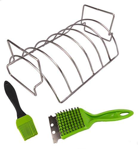 J-Line Design Rib Grilling Roasting Rack for BBQ and Smoker - Reversible Rib and Roast Holder - Holds up to 6 Baby Back Ribs - Complete with Basting Brush and Grill Scraper