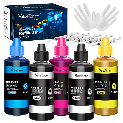 Valuetoner Ink Refill Kit for HP Printer Cartridges for HP67 67XL 63 63XL 65 65XL 61 61XL 950 950XL 951XL 902XL 952XL Ink Cartridge, 100ML x 5 Bottles with Syringes (2 Black 1 Cyan 1 Magenta 1 Yellow)