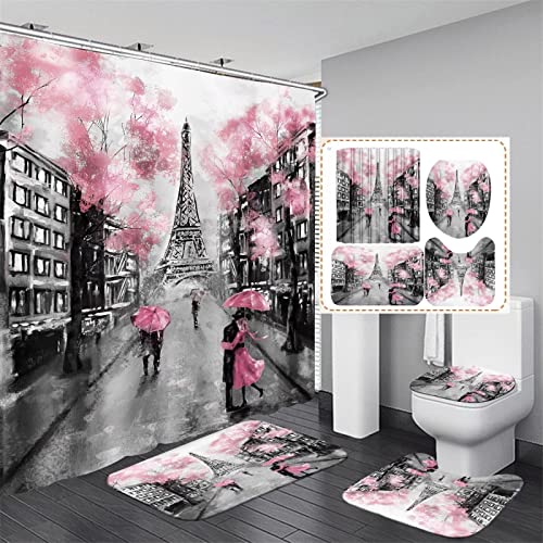 4Pcs Paris Eiffel Tower Pink Shower Curtain Sets Bathroom Set Decor with Non-Slip Rugs Bath U-Shaped Mat Toilet Lid Cover Waterproof Valentine Bathroom Curtains Shower Set with 12 Hooks, 70.870.8