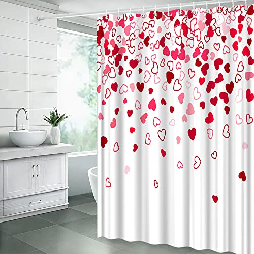 ZNLSU Valentine's Day Heart Shower Curtain Red Pink Fallen Heart Romantic Love Sign Sweet Lover Couple Wedding Marriage Decor Fabric Bathroom Curtain with Hooks