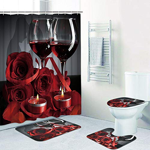 Alishomtll Valentines Shower Curtain Romantic Red Rose Flowers and Wine Shower Curtain Sets with Non-Slip Rug, Toilet Lid Cover, Bath Mat and 12 Hooks, Durable Waterproof Shower Curtain Sets