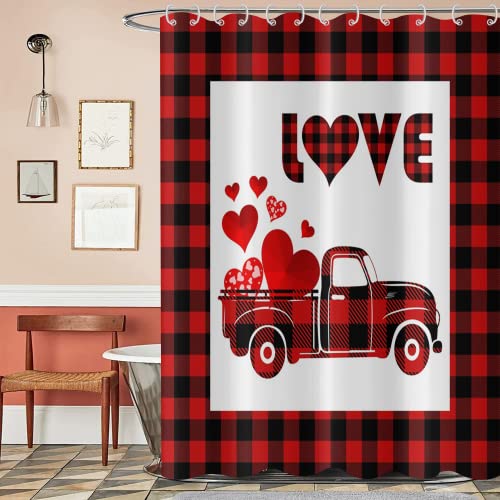 GKLEASG Red Truck Shower Curtain, Buffallo Check with Heart Waterproof Fabric Machine Washable with Hooks for Bathroom Bathtub Decor 72"x72"