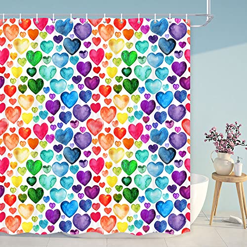 Wathon Colorful Heart Shower Curtain, Rainbow Valentine Romantic Heart Cute Bathroom Decor, Geometric Rainbow Design Cloth Fabric Bathroom Decor Set with Hooks 72 x 72 Inch