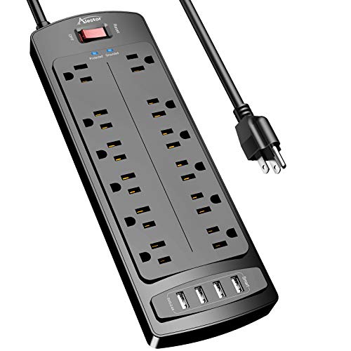 Power Strip, ALESTOR Surge Protector with 12 Outlets and 4 USB Ports, 6 Feet Extension Cord (1875W/15A), 2700 Joules, ETL Listed, Black