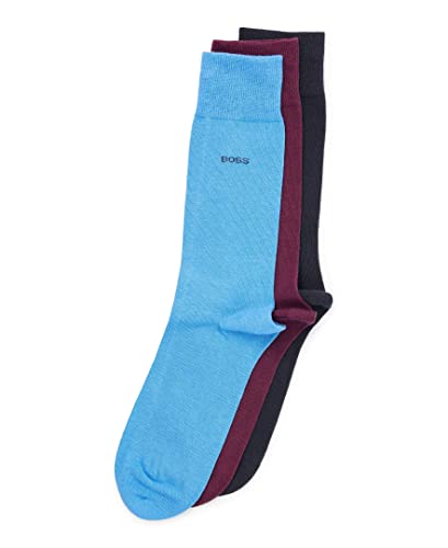 BOSS Men's 3 Pack Solid Cotton Socks, Cobalt/Peacock/Raisin, 7 13