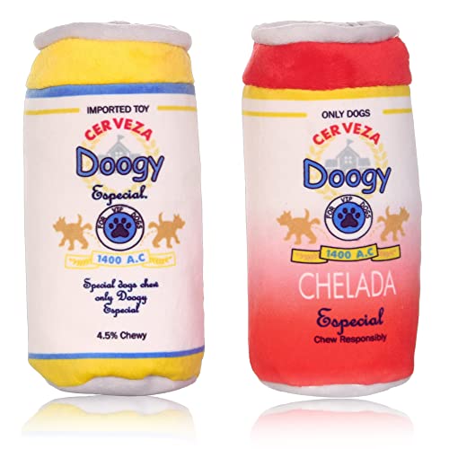 Dogium Doogy Beer Funny Mexican Especial and Chelada Plush Squeaky Dog Toys 6 by 2.5 inches (2 Pack) for Small, Medium and Large Dogs