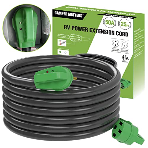 CAMPER MATTERS 50 Amp 25 FT RV/EV Power Extension Cord with Reverse Polarity LED Light, 14-50P to 14-50R, Heavy Duty PVC Jacket, Easy Plugin Handle, Colorful Storage Bag, and Plastic Strap Organizer