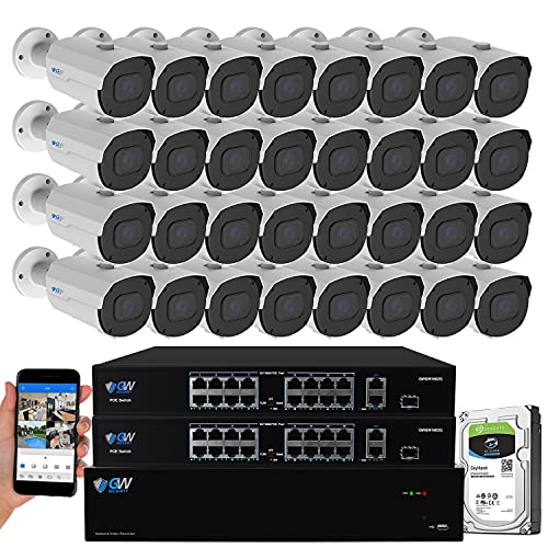 GW Security 32 Channel 8MP UltraHD 4K (3840x2160) Audio & Video Motorized Zoom Smart AI Home NVR Security System - 32 x Bullet 8 Megapixel 2.8-12mm 4X Optical Zoom Waterproof Microphone IP PoE Cameras