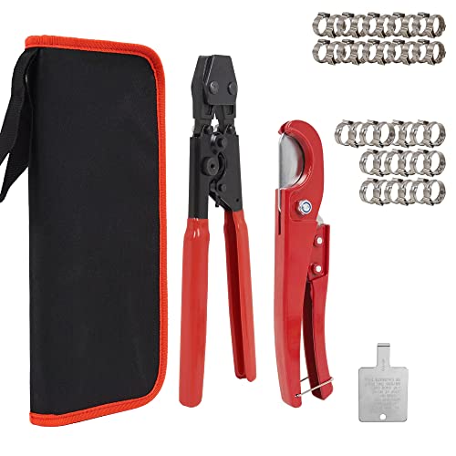Pex Crimping Clamp Cinch Tool Kit Sizes from 3/8'' to 1'' ( Meets ASTM 2098)--PEX Fastening Tool, Pipe/Tubing Cutter, Stainless Steel Clamps 20pcs 1/2'', 10 pcs 3/4'' With Canvas Bag, Red