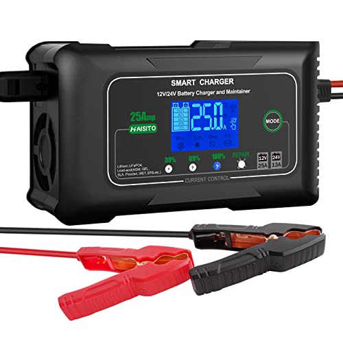 25 Amp Lithium Battery Charger, 12V and 24V Lifepo4,Lead-Acid(AGM/Gel/SLA.) Battery Charger,Battery Maintainer, Trickle Charger, and Battery Desulfator for Car,Boat,Motorcycle, Lawn Mower.