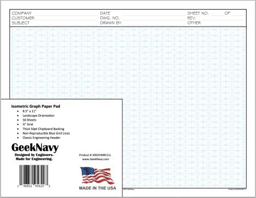 GeekNavy Isometric Graph Paper Pad, 50 Sheets, 0.25" Grid, for Professionals, Students, and Enthusiasts (8.5" X 11" Landscape, 1-Pack)