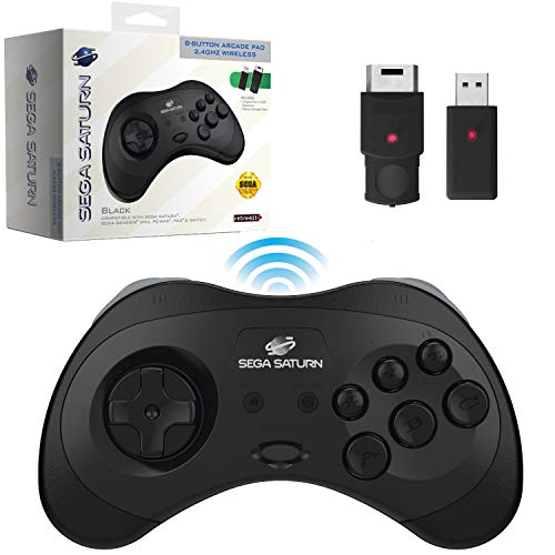 Retro-Bit Official Sega Saturn 2.4 GHz Wireless Controller for Sega Saturn, Sega Genesis Mini, Switch, PS3, PC, Mac - Includes 2 Receivers & Storage Case (Black)