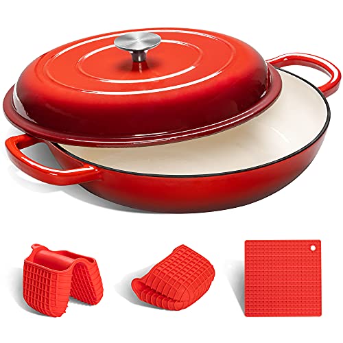 MICHELANGELO Cast Iron Braiser Pan with Lid, 3.5 Quart Enameled Cast Iron Casserole Dish, Covered Shallow Dutch Oven Enameled Cast Iron Cookware with Silicone Accessories, Oven Safe Braiser-Cherry Red