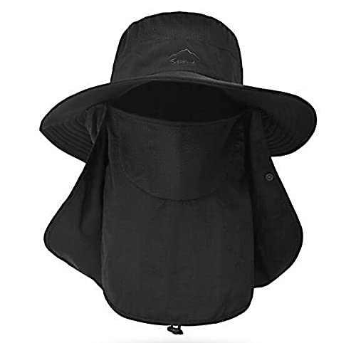 Fishing Hat for Men & Women, Outdoor UV Sun Protection Wide Brim Hat with Face Cover & Neck Flap (Black)