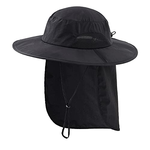 Home Prefer Outdoor Mens UPF50+ Sun Hat Wide Brim Fishing Hat with Neck Flap (Black)