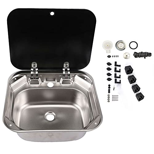 EzeXpreze RV Kitchen Sink Stainless Steel Hand Wash Basin Sink Tempered Glass Lid Washbasin for Camper Trailer Caravan (sink without faucet)