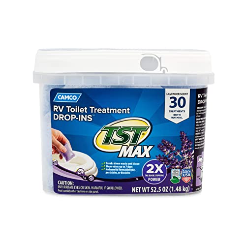 Camco TST MAX RV Toilet Treatment Drop-INs | Control Unwanted Odors and Break Down Waste and Tissue | Septic Tank Safe | Lavender Scent | 30-pack (41553)