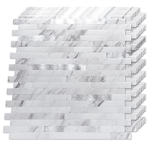 LONGKING 10-Sheet Peel and Stick Backsplash Tile, PVC Stick on Tile for Kitchen, Bathroom Vanities, Fireplace Dcor  White Marble Interspersed with Metal Silver