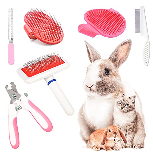 Rabbit Grooming Kit Set with Pet Shedding Slicker Brush Nail Clipper Trimmer Pet Massage Bath Glove Flea Comb for Bunny Puppy Kitten Guinea Pig Chinchilla Ferret Small Animals (Red, Pink)