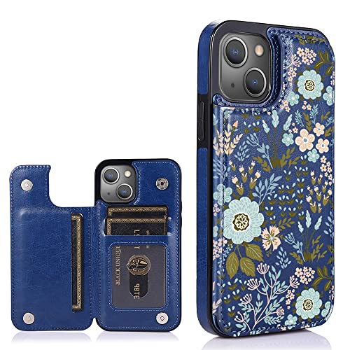 uCOLOR Flip Leather Wallet Case Card Holder Compatible with iPhone 13/14 6.1 Women and Girls with Card Holder Kickstand (Navy Flowers, iPhone 13 6.1")