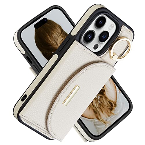 Keallce Case for iPhone 14 Pro 6.1'' 2022, Flip Wallet Case with Card Slots, Ring Stand Holder Kickstand, Folio Leather Protective Phone Cover for Ladies Women Compatible with iPhone 14 Pro 5G, Beige