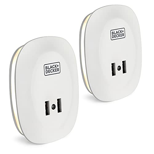 BLACK+DECKER Night Light Plug in with 2 USB Charging Ports, Photocell Sensor, 10 Lumen, 2 Pack