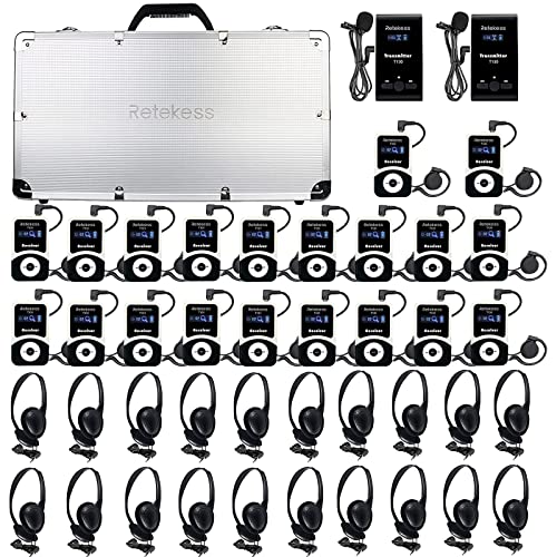 Retekess T130 Wireless Tour Guide System,Church Translation System with Full Ear Headphone,32-slot Charging Case,for Assistive Listening,Simultaneous Interpretation(2 Transmitters 20 Receivers)