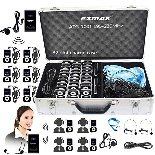 EXMAX ATG-100T 195-230MHz Wireless Tour Guide Voice Audio Transmission System + 32-slot Charge Case for Teaching Tour Guides Conference Church Translation Service Trip(2 Transmitters and 30 Receivers)