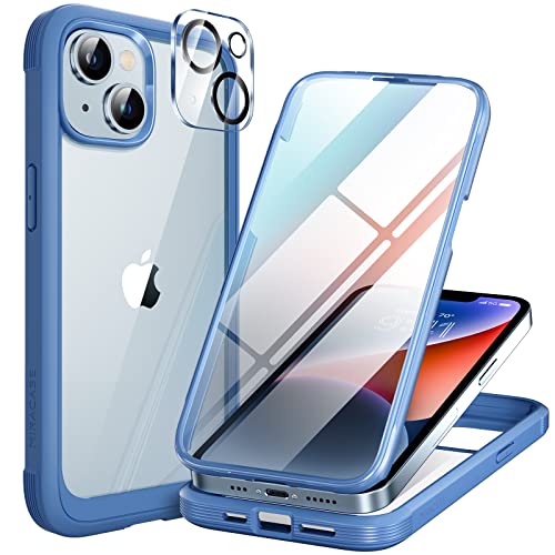 Miracase Glass Series Designed for iPhone 14 Case 6.1 inch, 2023 Upgrade Full-Body Clear Bumper Case with Built-in 9H Tempered Glass Screen Protector and Camera Lens Protector,Blue