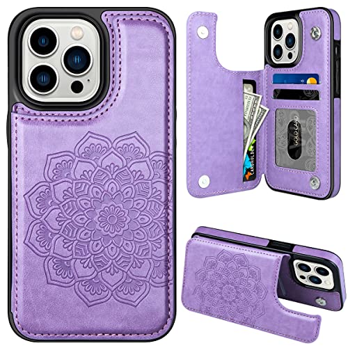 MMHUO for iPhone 14 Pro Case with Card Holder, Flower Magnetic Back Flip Case for iPhone 14 Pro Wallet Case for Women, Protective Case Phone Case for iPhone 14 Pro,Purple