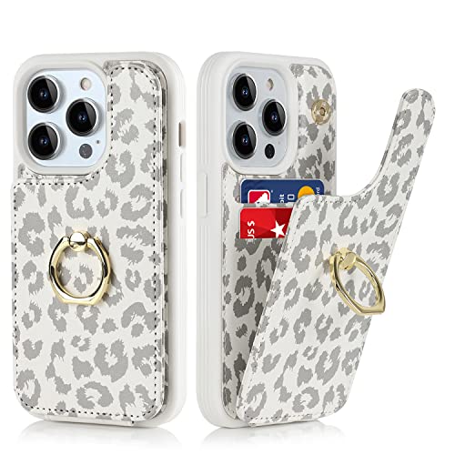 Lipvina for iPhone 14 Pro Case with Card Holder,360Rotatable Ring Holder Kickstand,Magnetic Clasp,RFID Blocking Flip Leather Cute Wallet Cover for Women Ladies(White Leopard)