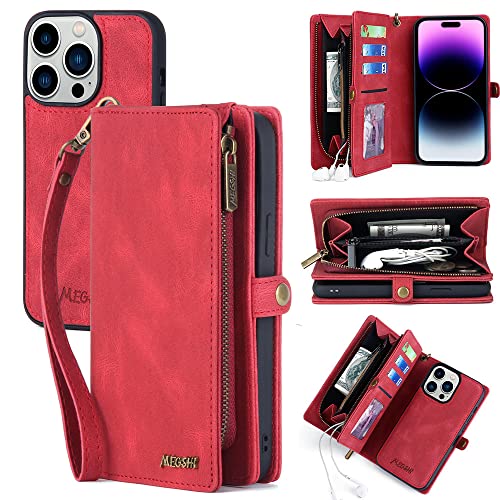 TwoHead for iPhone 14 Pro Wallet Case with Wrist Strap,Zipper Wallet,Card Holder,Detachable Magnetic iPhone 14 Pro Case,PU Leather iPhone 14 Pro Case Wallet for Women/Men (Red)