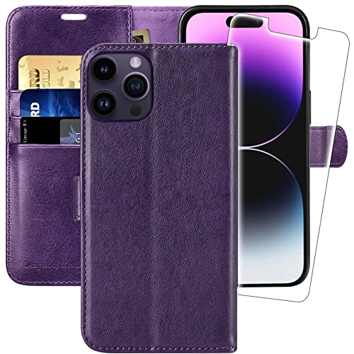 MONASAY Wallet Case for iPhone 14 Pro 5G, [Glass Screen Protector Included] [RFID Blocking] Flip Folio Leather Cell Phone Cover with Credit Card Holder for Apple iPhone 14 Pro 6.1-inch Purple