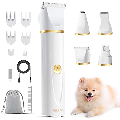 Dog Clippers for Grooming, FERRISA Professional Cordless Dog Trimmers Grooming Kit Supplies with 3 Blade Heads, Low Noise Dog Grooming kit for Dogs Hair, Dog Clippers of Eyes, Ears, Face, Rump