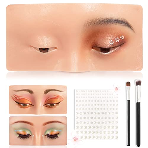 Makeup Practice Face, Silicone Makeup Practice Board, Face Eyes Makeup Mannequin for Makeup Artists and Beginners, Perfect Aid to Practicing Makeup, with Eyeshadow Brushes and 165Pcs Pearl Stickers (Bright)