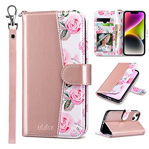 ULAK Compatible with iPhone 14 Wallet Case for Women, Premium PU Leather Flip Cover with Card Holder and Kickstand Feature Protective Phone Case Designed for iPhone 14 2022 6.1 Inch, Rose Gold